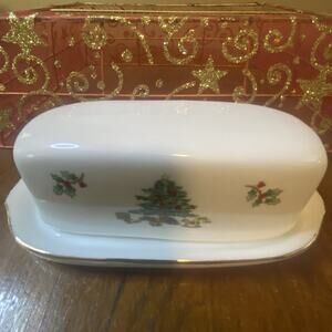 Vintage Porcelain Butter Dish Christmas Tree Made By Home Style With Box